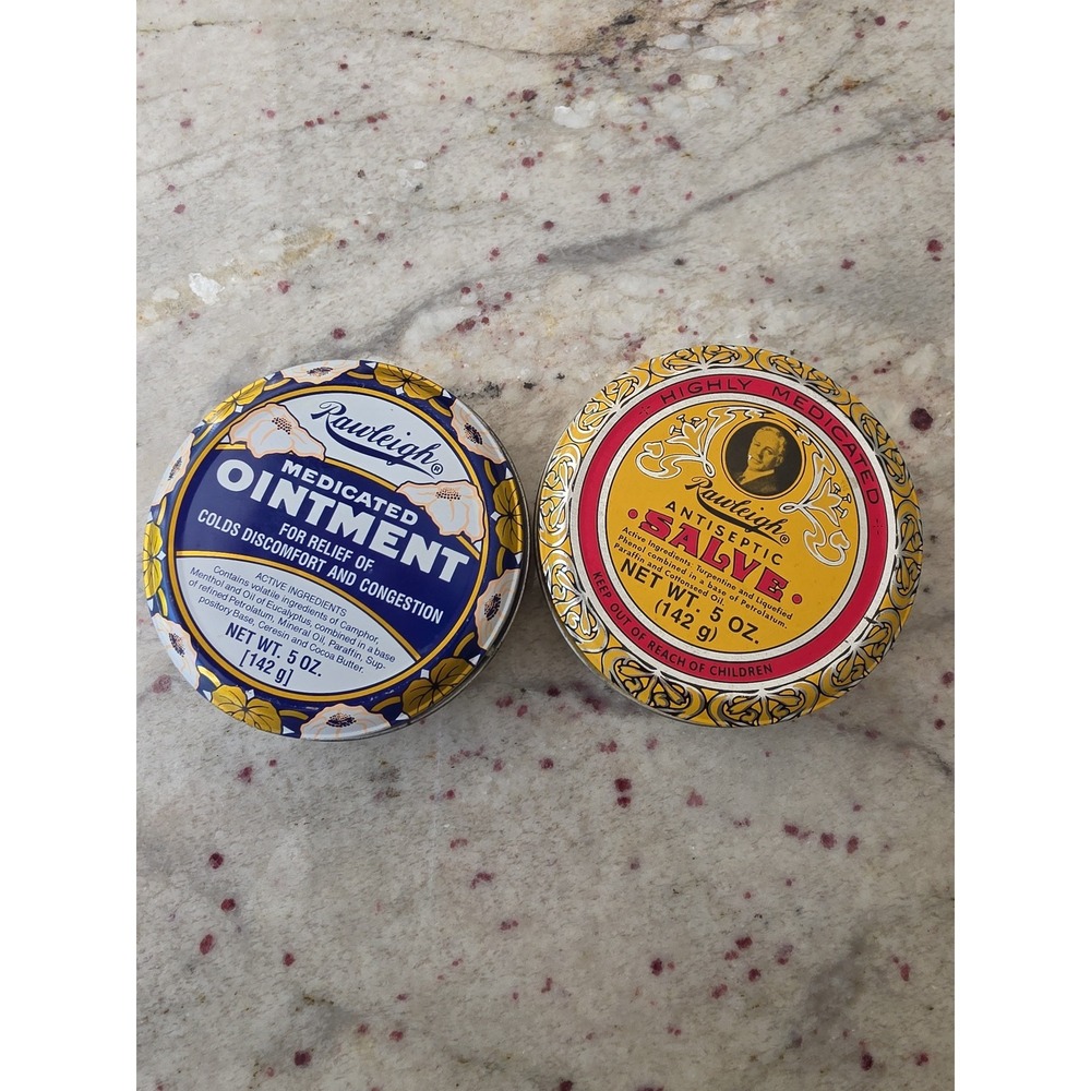 Raleigh salve tins. 5oz 1-medicated ointment 1 antiseptic salve